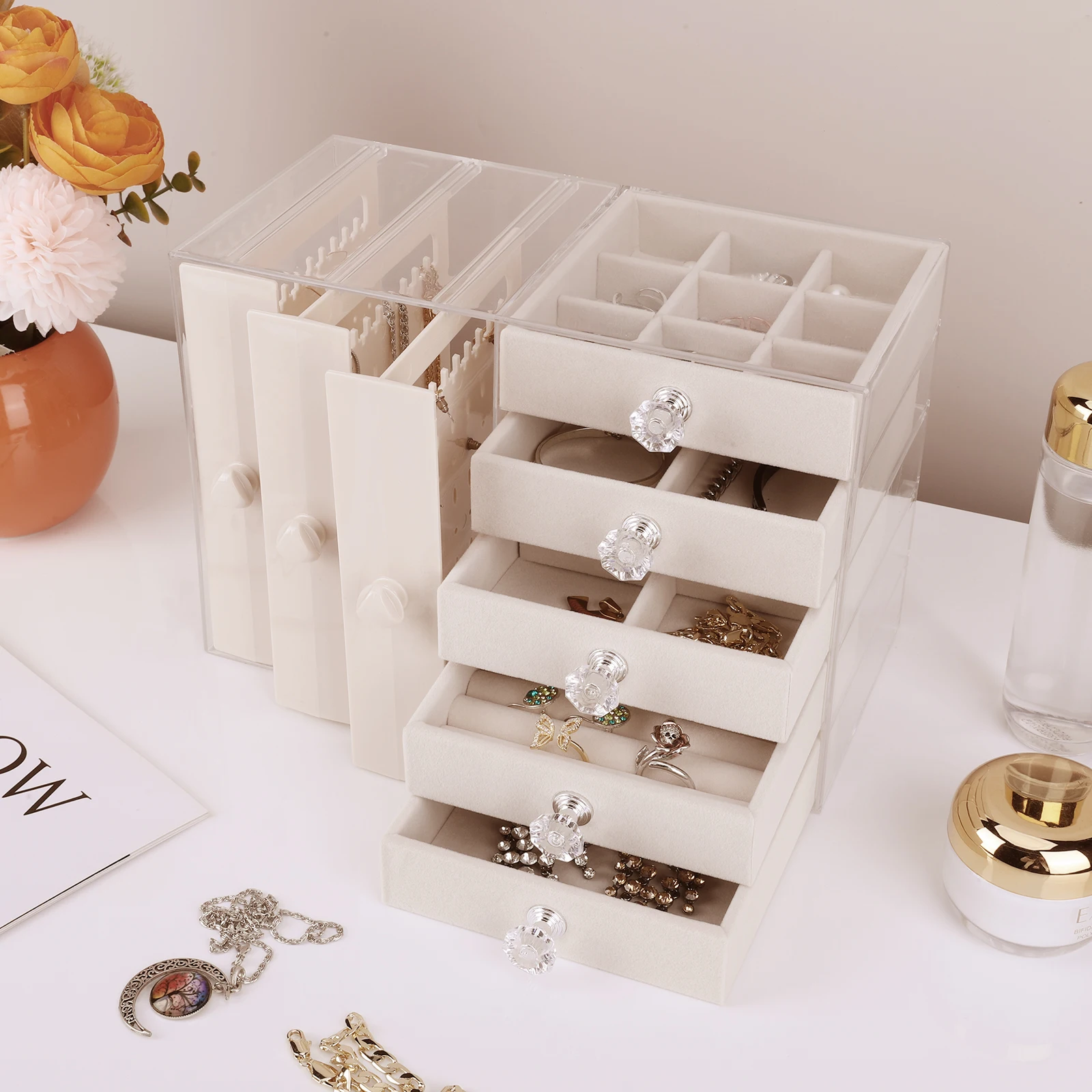 

Многофункциональный органайзер для украшений с 4 ящиками, подставка для серег, вместительный бокс для хранения на туалетный столик в спальне