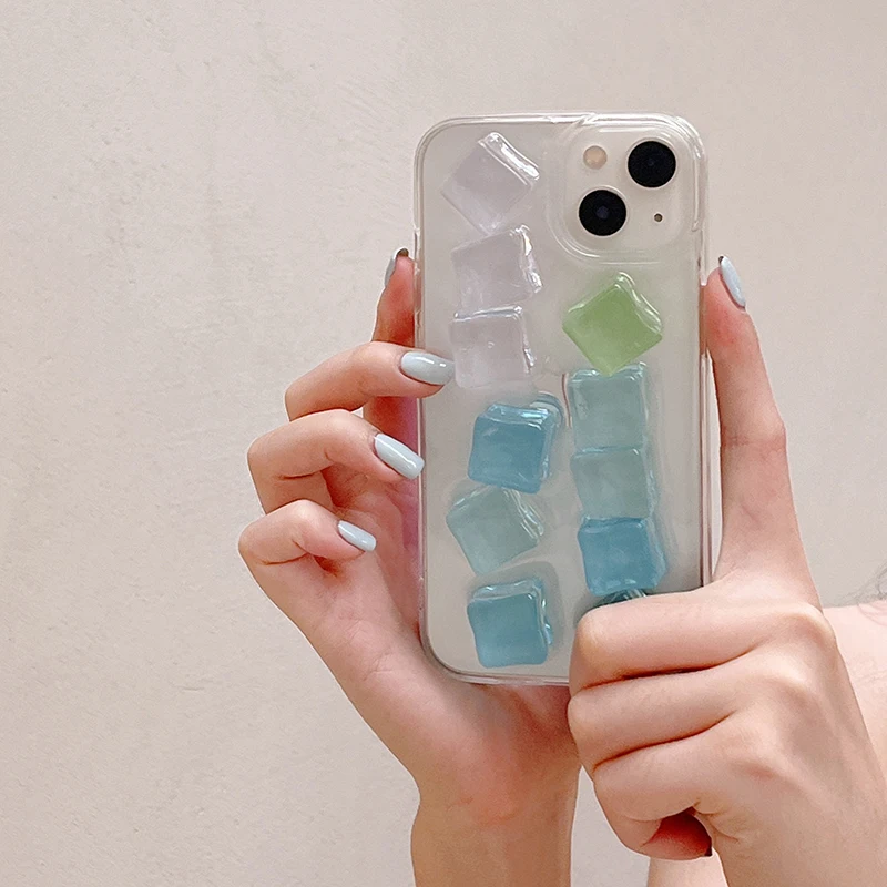 INS 3DกรอบBlue Ice Cubeเคสโทรศัพท์สําหรับIPhone 16 15 14 13 12 11 Pro Max Plus Coolป้องกันSoft Anti-Dropกลับกรณี