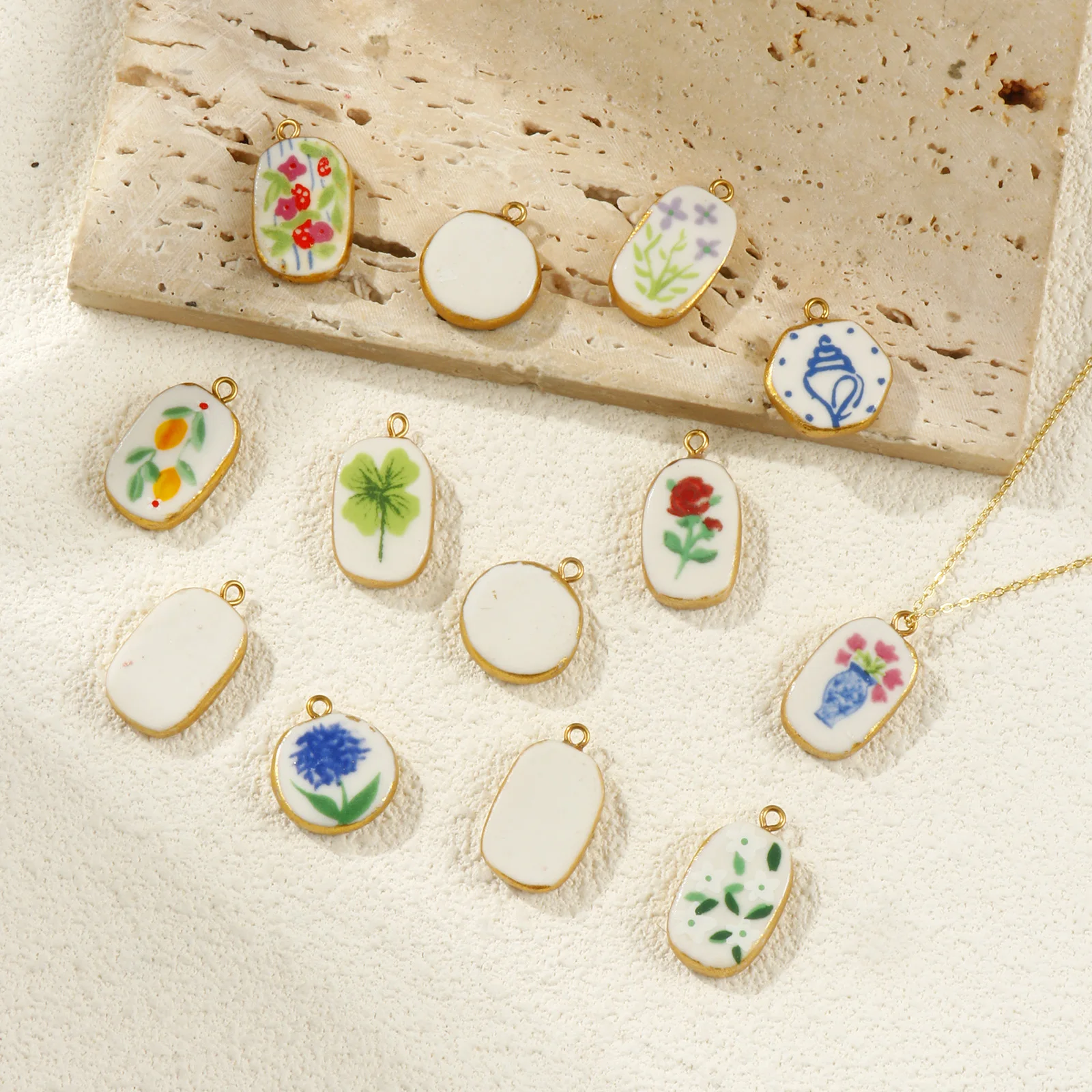 2PCs Colorful Ceramic Flower Charms 18K Gold Plated 304 Stainless Steel Irregular Geometric Pendant For Jewelry Necklace Making