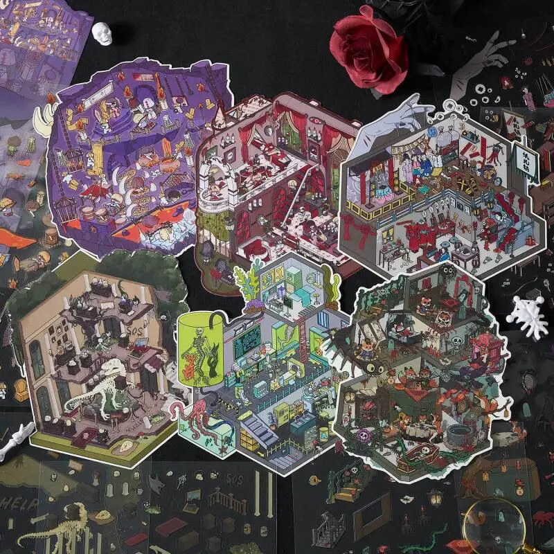 Card Lover 3 Pcs [Micro Horror Series] Landscape Stickers 3D Material Abandoned Museum Mermaid Research Institute Blood Castle