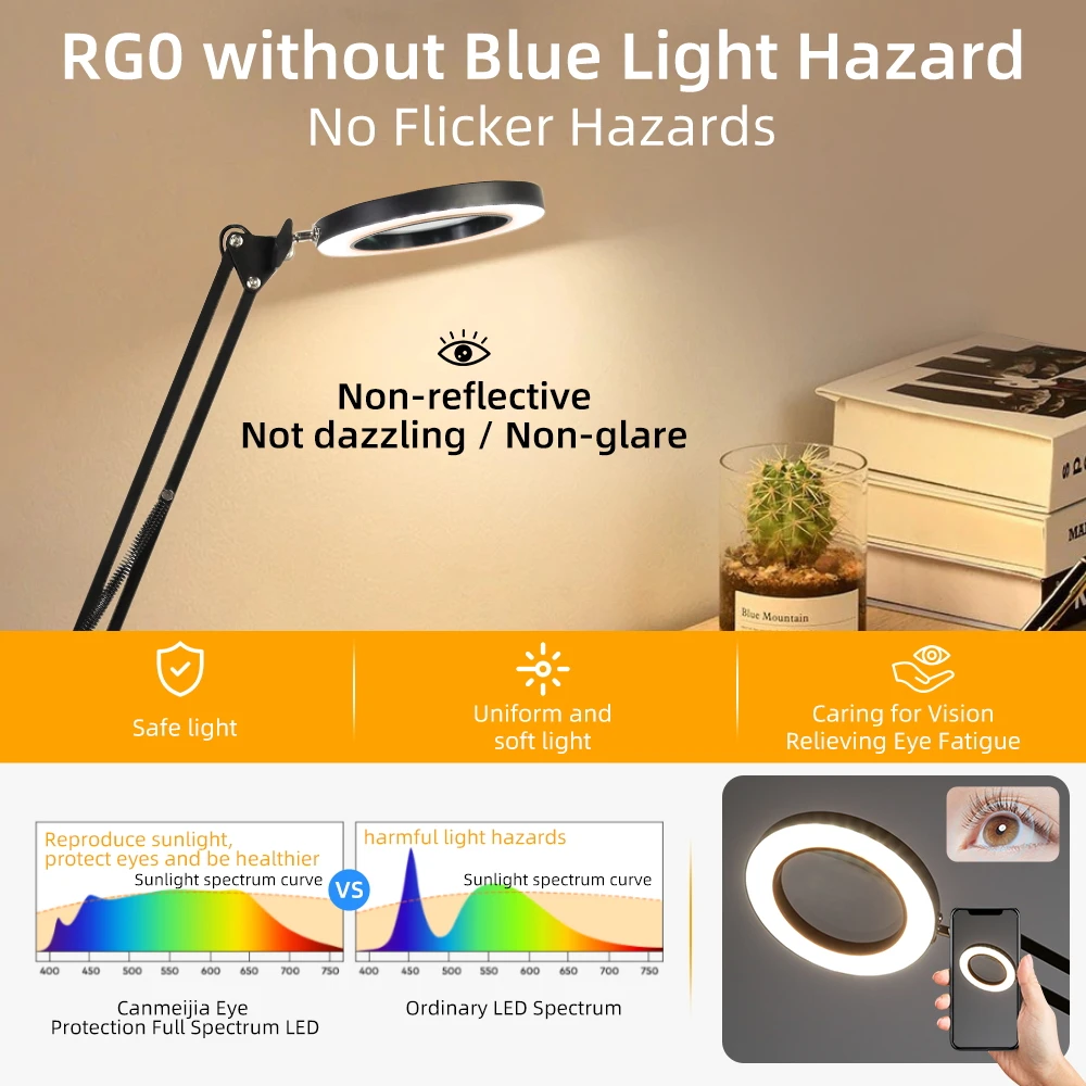 10X Illuminated Magnifier Table Lamp for Repair Skincare Beauty USB 3 Colors Desktop Magnifying Glass LED Reading Desk Lighting