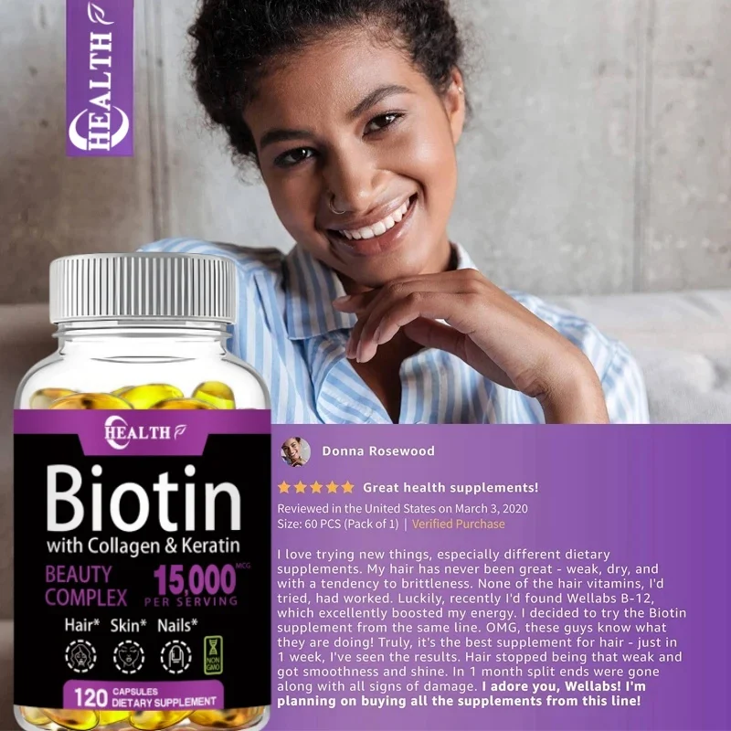 HEALTH Biotin Collagen Keratin Supplement for Hair Skin Nail 120 NonGMO Capsules