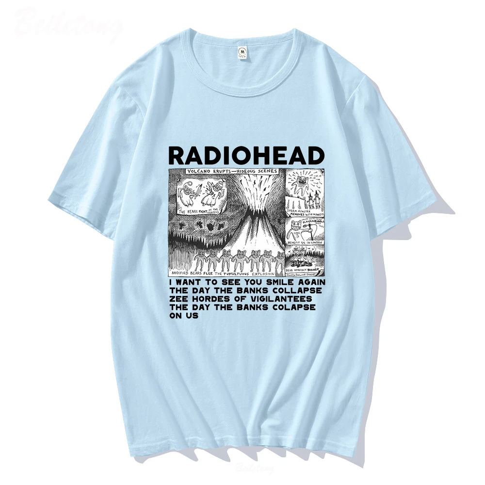 Radiohead Vintage Print T Shirt Mens Oversized 100% Cotton Unisex T-shirts Hip Hop Rock Band Music Album Tees Harajuku Male Tops