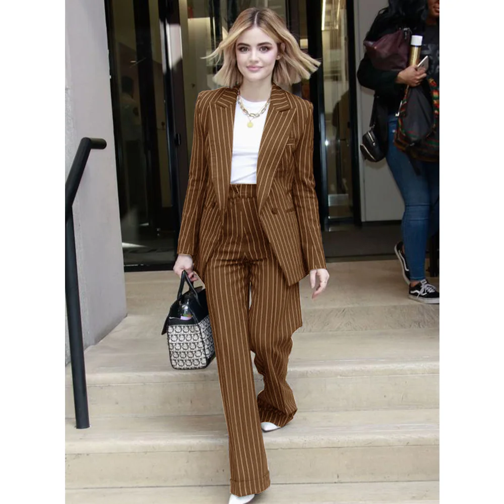 Women\'s Suit Striped Two-piece Slim Single-breasted Casual Fashion Suit Christmas Work Wear Female Clothing Pant Sets Outerwear