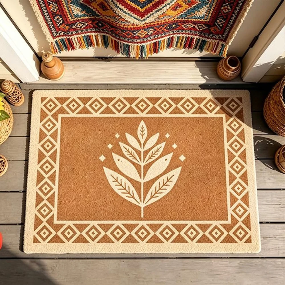 

Boho Leaf Doormat Geometric Border Welcome Mat Scandi Folk Art Coir Mat Minimalist Botanical Entryway Farmhouse Decor Modern
