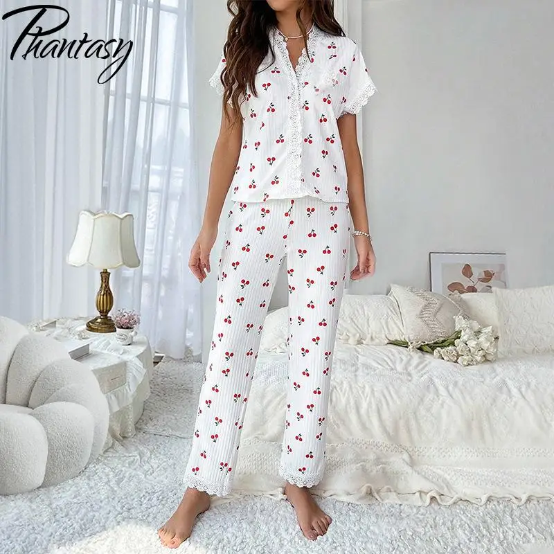 

Женский пижамный комплект с кружевной отделкой Phantasy, женские повседневные топы с короткими рукавами и v-образным вырезом с вишневым принтом и брюками, домашняя одежда, женская одежда