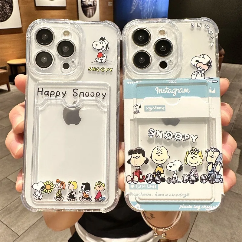 Interest Cartoon Cute Snoopy Wallet Card Bag Phone Case For iPhone 11 12 13 14 15 Pro Max X XR X 8 7 Plus Clear Soft Back Cover