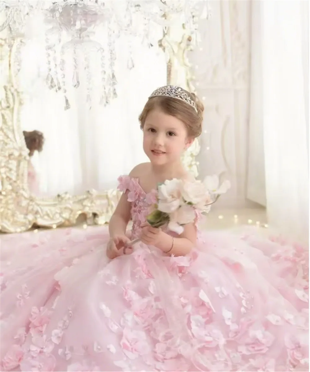 

Customized Pink Flower Girl Dress For Wedding Appliques Flower Luxury Puffy Princess Kids Birthday First Communion Ball Gown