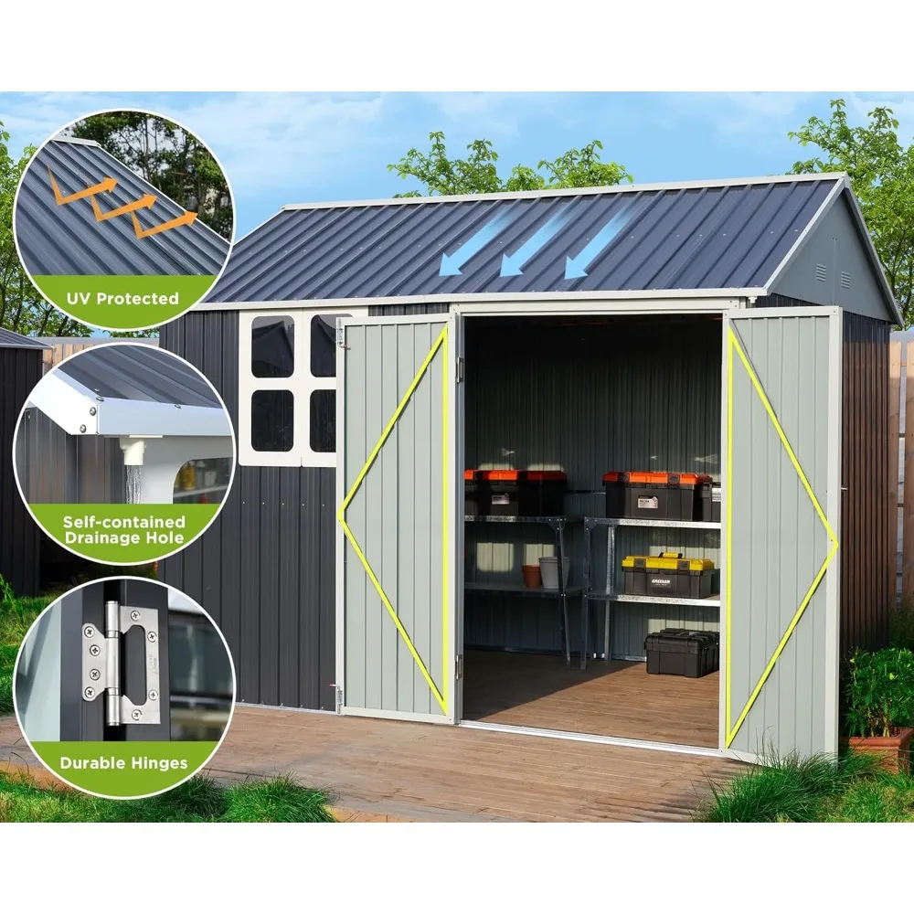 10x8x8 FT Shed 4-pane Window Nordic Cottage Storage Shed Outdoor Metal Garden House Double Hinged Lockable Doors for Backyard