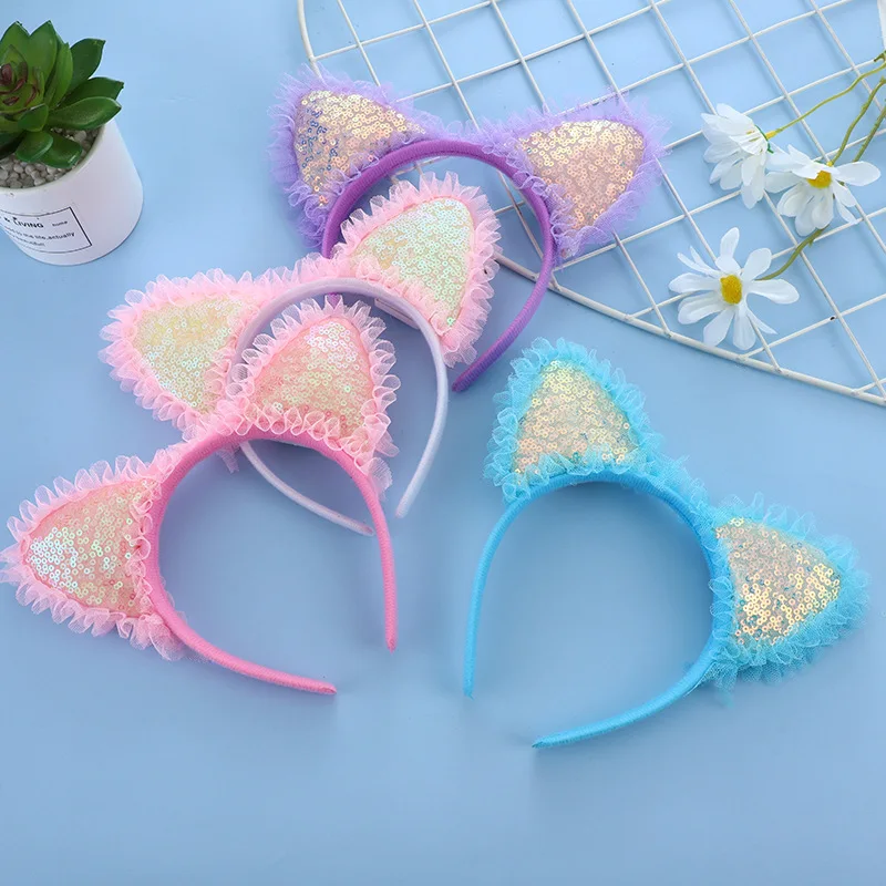 1pcs LED Light Up Cat Ears Headband Sequin Lace Hair Accessories Headdress Hairbands for Women Girls Party Wedding Festival