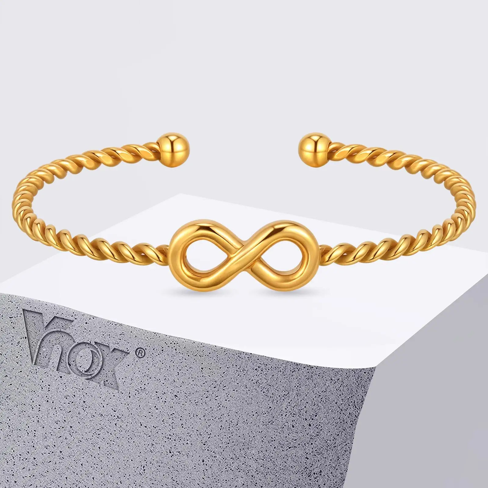 Vnox Love Women's Cuff Bracelet Bangles Gold Color Infinity Number 8 Twist Stainless Steel Statement Jewelry Gifts To Lover