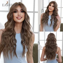 EASIHAIR Chocolate Brown Long Wavy Synthetic Wigs with Long Bang Natural Cosplay Daily Party Hair Wigs for Women Heat Resistant
