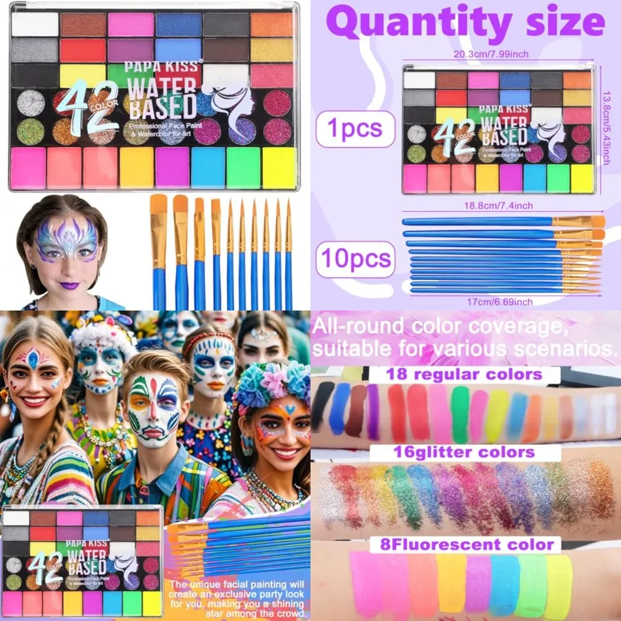 

42 Color Face Painting Kit for Water Activated Face Paint Kit Safe for Sensitive Skin Easy to Use With Stencils and Brushes Fac