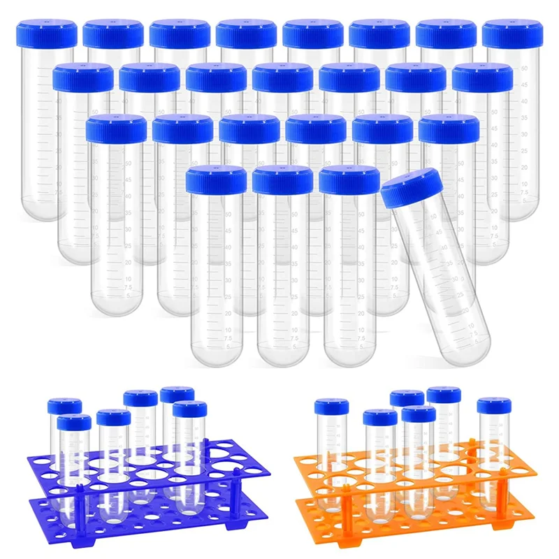 

27 пластиковых пробирок 50 мл со стойкой для пробирок, включая 25 пластиковых пробирок и 2 синих оранжевых C