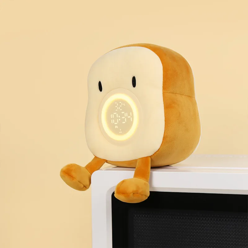 LED Plush Toast Alarm Clock Night Light Digital Electronic Clock USB Chargeable Dimmable Table Lamp Bedside Decoration