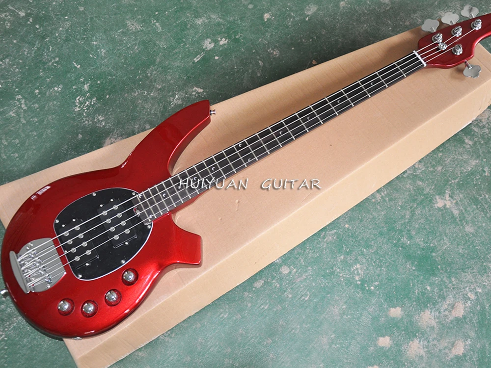 4 Strings Metal Red Electric Bass Guitar with Active Circuit,Rosewood Fretboard, 24 Frets