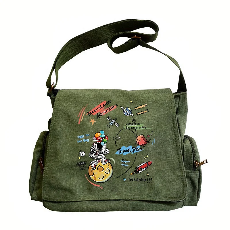 Bolso cruzado con temática espacial Retro de gran capacidad, correas ajustables para los hombros, diseño de cubierta abatible, desplazamientos diarios, viajes