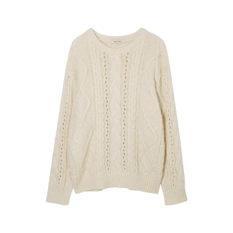 2024 Fried Dough Twists Weaving Slouchy Loose Round Neck Thickened Sweater