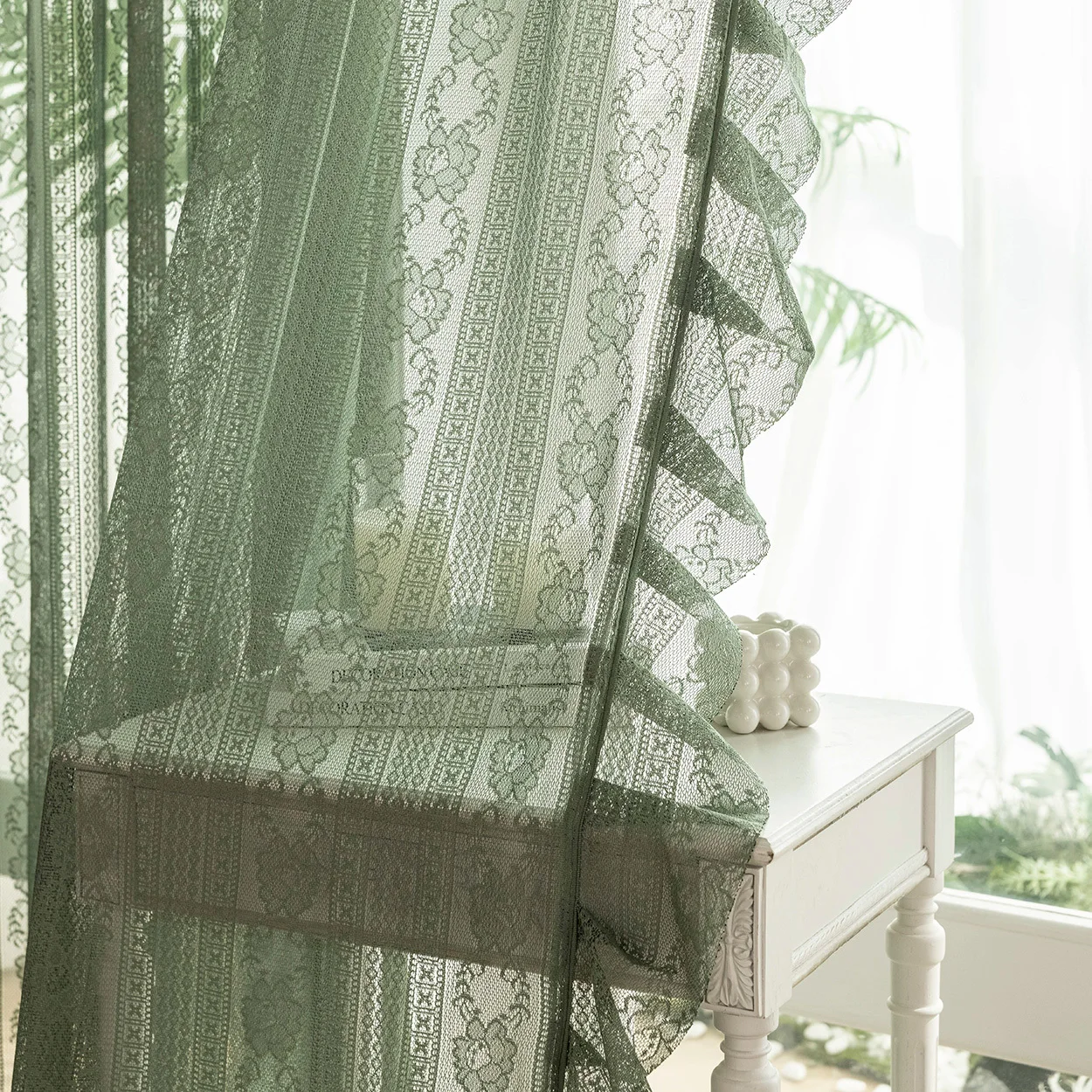1pc Green Embroidered Sheer Curtain with Double Ruffled Trim Floral Striped Lace Voile Light Filtering Drapes for Living Room