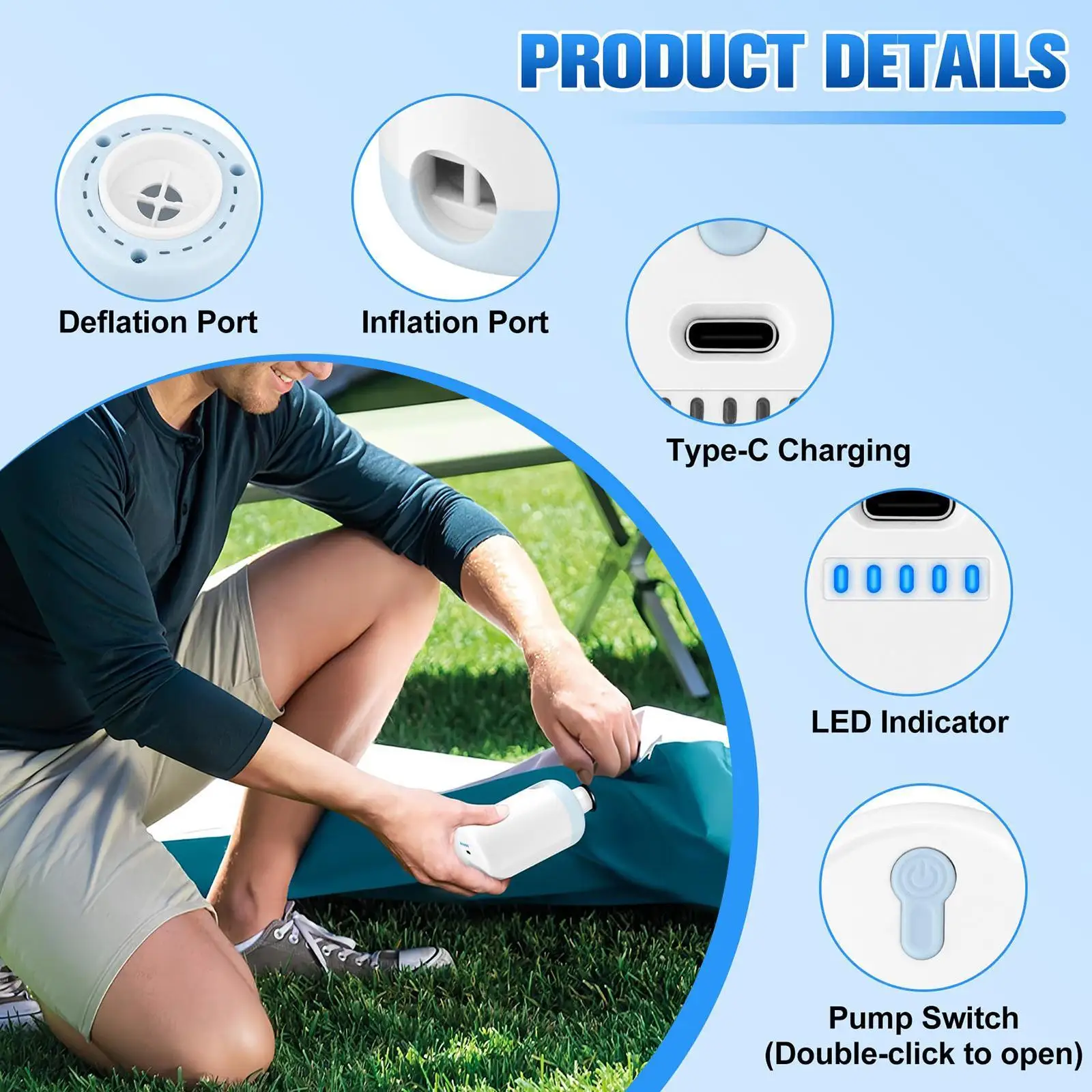 Electric Air Pump Compact Multipurpose Inflate and Deflate Air Pump for Inflatable Swimming Rings Mattresses Pool Raft Cushions