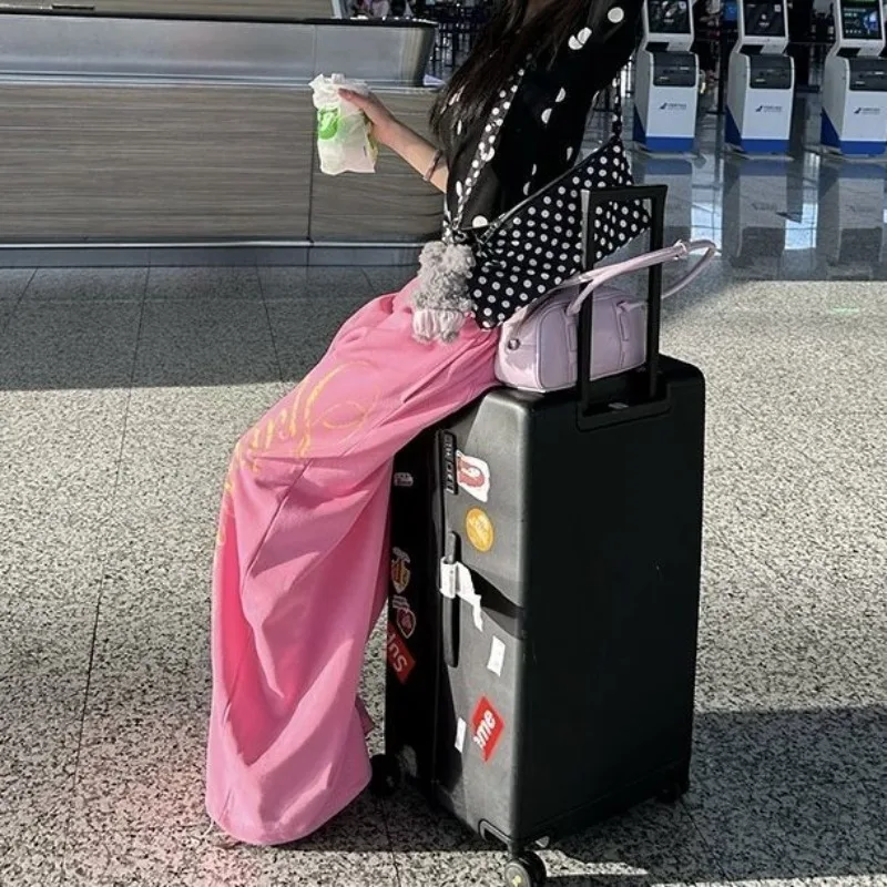 ดีปทาวน์ พิงค์สตาร์กราฟิกพิมพ์ผู้หญิงกางเกงขากว้างจ๊อกกิ้งอเมริกันเรโทรตรงกางเกงวอร์มแบ็กกี้ฮิปฮอปกางเกงลำลอง