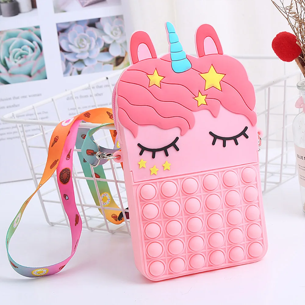 Kawaii Fidget Toys Popite Big Silicone Bubble Decompression Toy Unicorn Bag Coin Purse Simple Dimple Crossbody Bags for Girls