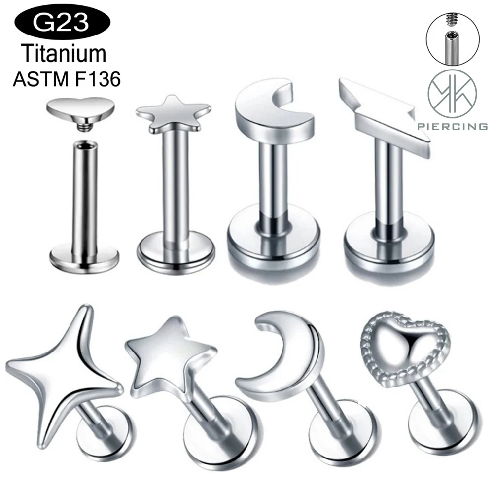 1Pc G23 Titanio oído Tragus Stud hélice cartílago perforación rosca interna cruz iluminación estrella luna labio perforación anillo labreto