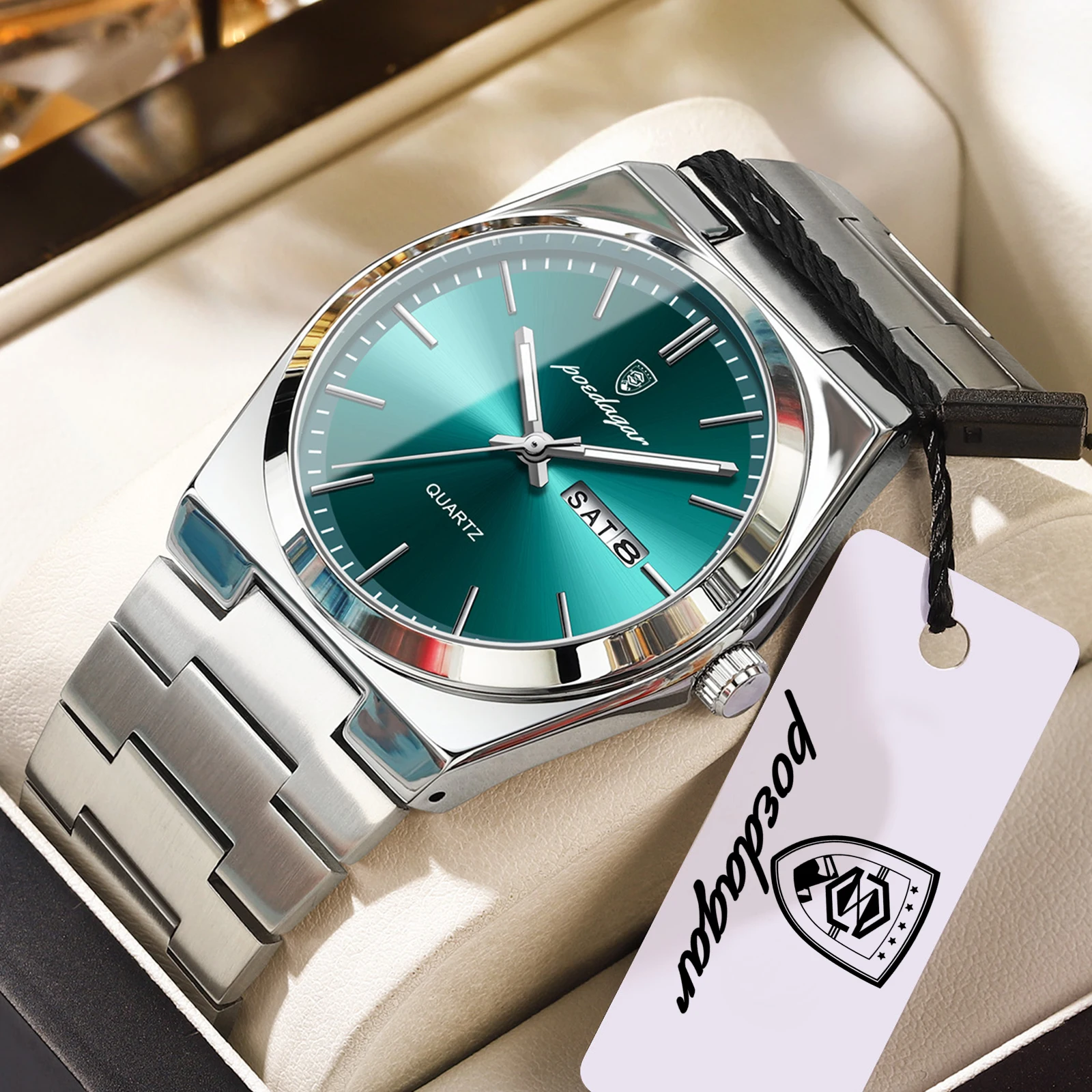 POEDAGAR Luxusuhren für Herren, Edelstahl, wasserdicht, leuchtend, Herrenuhr mit Datum und Wochentag, modische, lässige Quarzuhr für Herren, Reloj