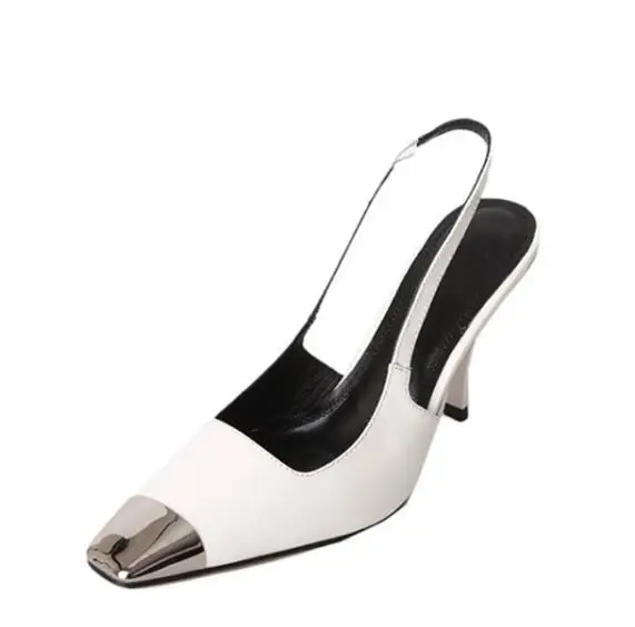 

Newest White Black Shiny Patent Leather Sliver Metal Square Toe Pumps Woman Elastic Band Slingback Slip On 6/9 CM Heels Shoes