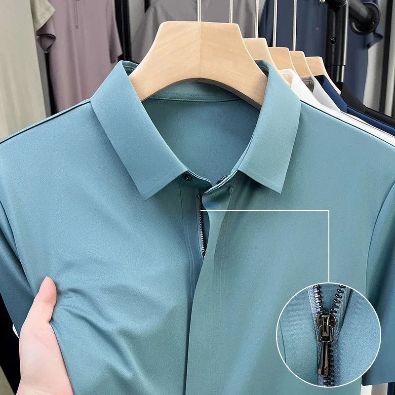 

Men's Short-sleeved Polo Shirt High-end Ice Silk Concealed Door Zipper Simple Anti-wrinkle-free Thin Shirt High Elasticity Tops
