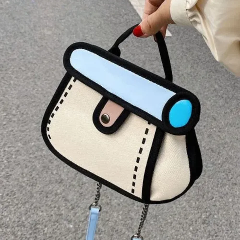 

2025 New Small Canvas Tote Bag Cute Anime Crossbody Purse for Women Unique Minimalist Line Design Shoulder Bag with Chain