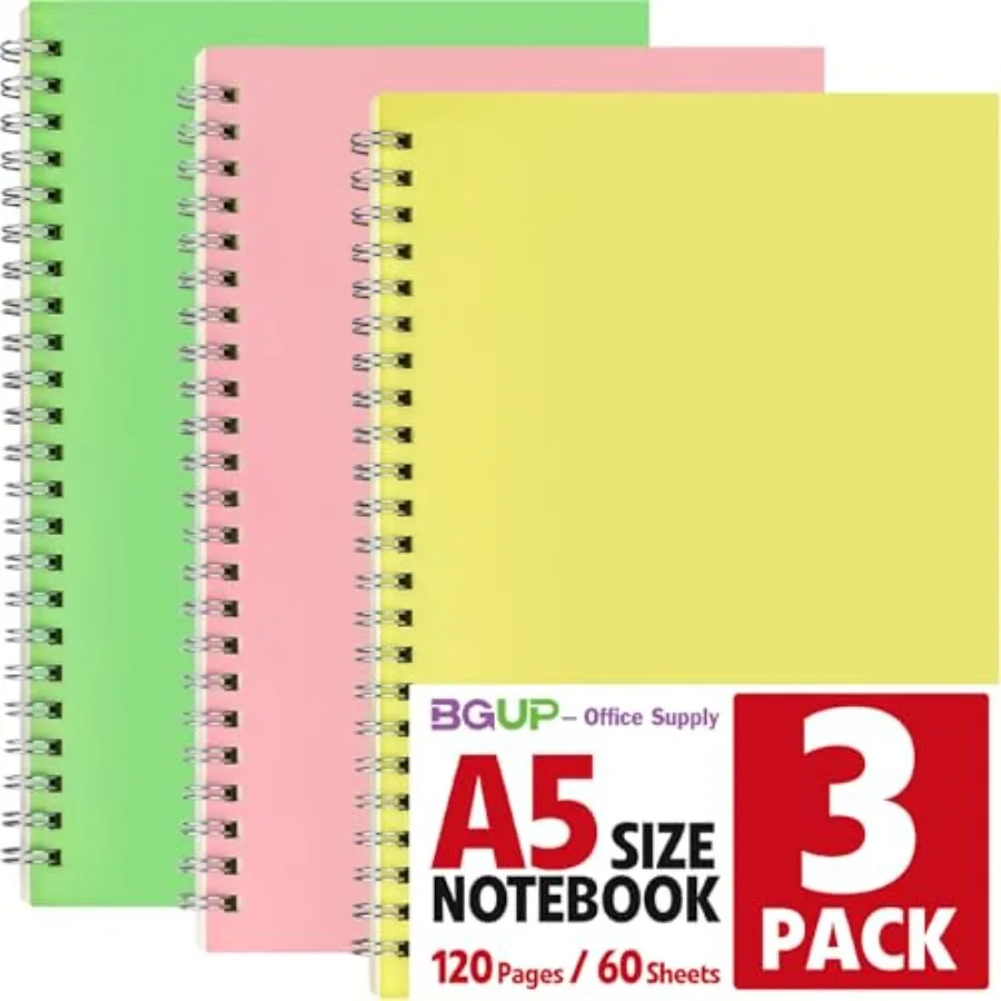 

3 Pack Lined Spiral Journal Notebook, Premium A5 Soft Paper Cover 5.5" x 8.3",3 Colors 120 Pages 80GSM College Ruled Spiral Not