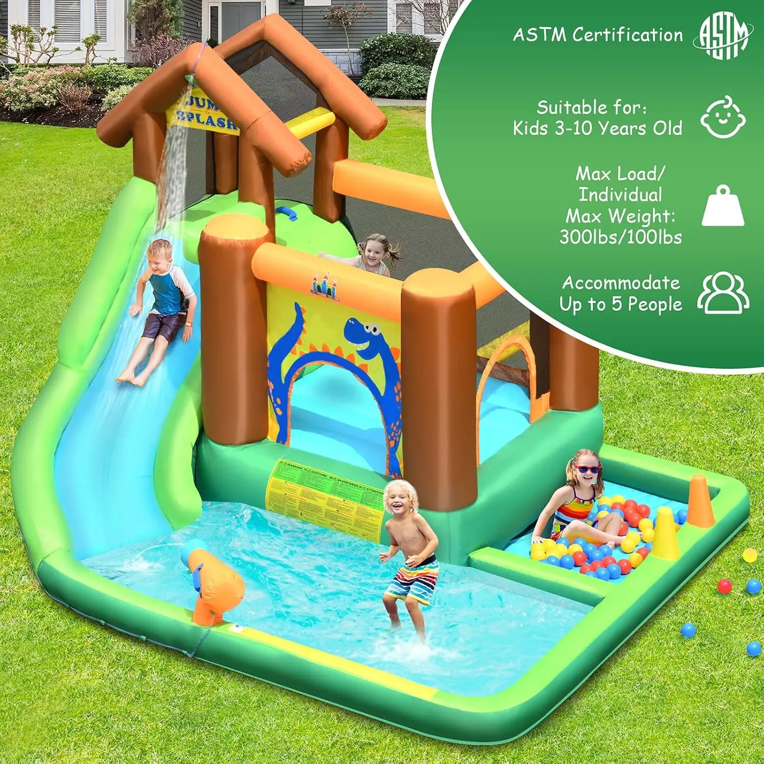 Nadmuchiwana zjeżdżalnia wodna, 6 w 1 dzieci Park wodny Bounce House Combo do zabawy na świeżym powietrzu z basenem, ścianką wspinaczkową, dmuchaną wodą Sl