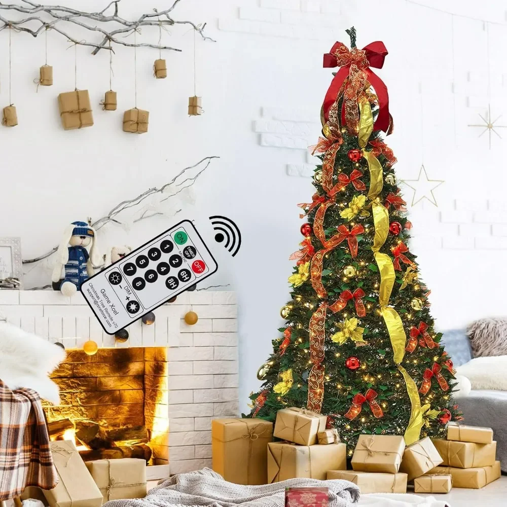 

Pre-lit Christmas Tree - Fully Decorated Pull Up Christmas Tree with Remote,LED Lights, Ornaments, Ribbon