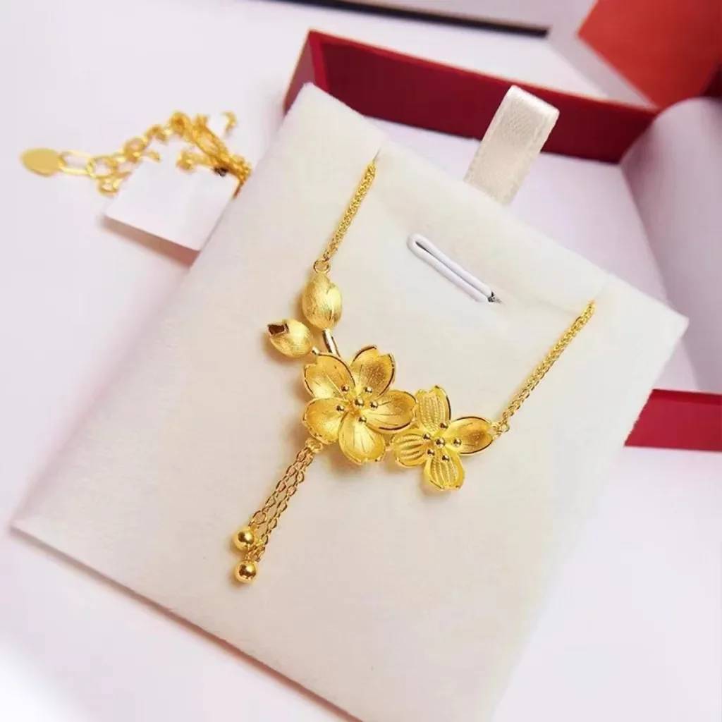 

Women's Collarbone Chain 9999 24K Real Gold Twin Flower Necklace Set Chain Fashionable and Simple Integrated Chain Pendants