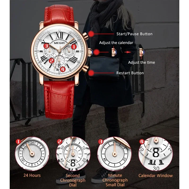 Relojes MEGIR con cronógrafo para mujer, famosa marca de lujo, números romanos, reloj femenino de cuarzo de cuero, reloj para mujer 2058