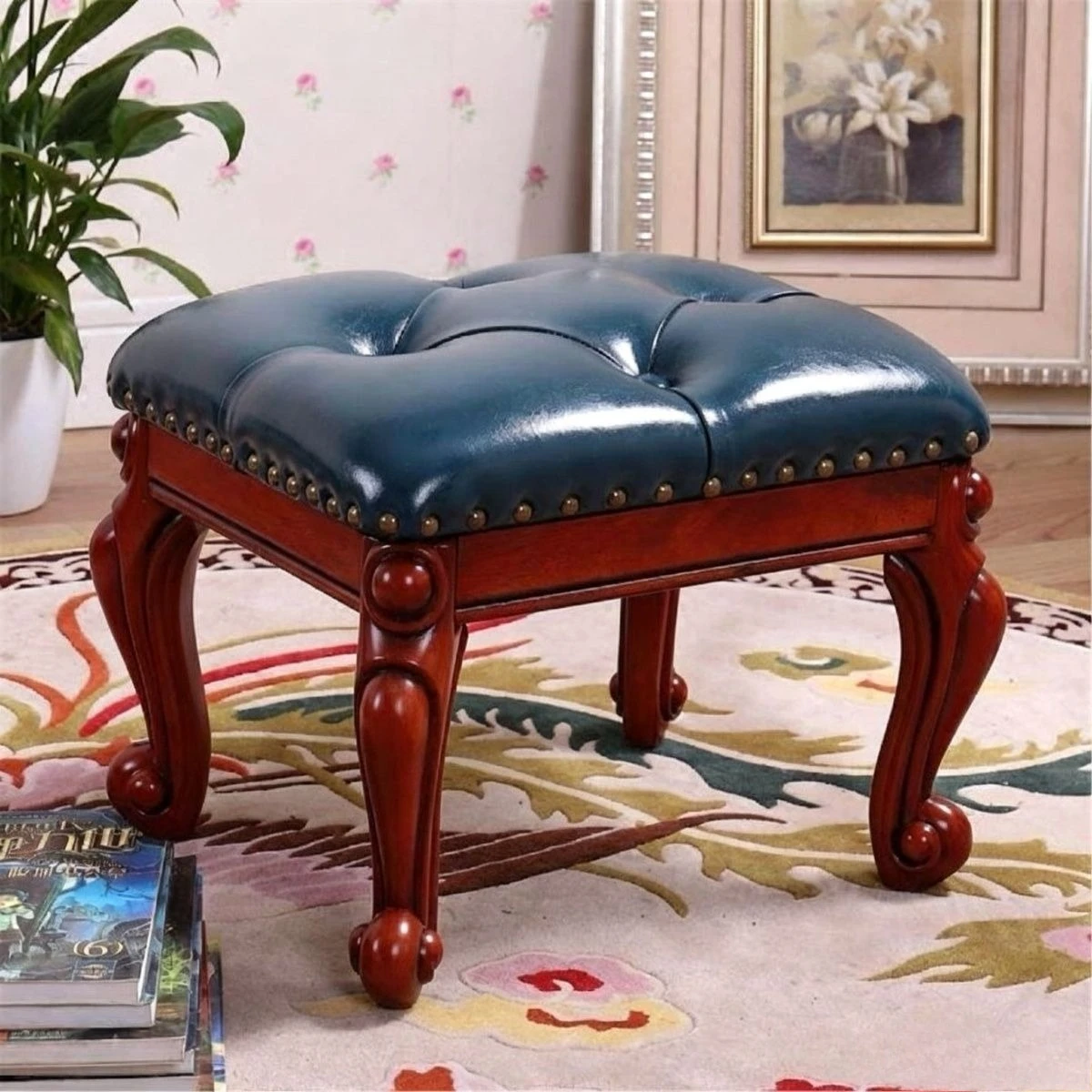 American low stool, household living room, solid wood leather sofa stool, European style