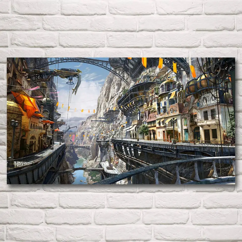 

Steampunk Poster Science Fiction Robot Mountains Fantasy Art Painting Canvas Print Decorative Bedroom Wall Pictures Room