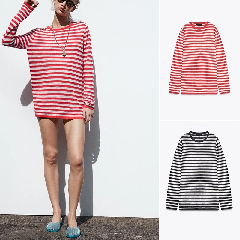 

Новый летний женский свободный крой круглого цвета Ne Long Sve, трикотаж в полоску с рисунком, повседневный удобный топ из полиэфирного волокна