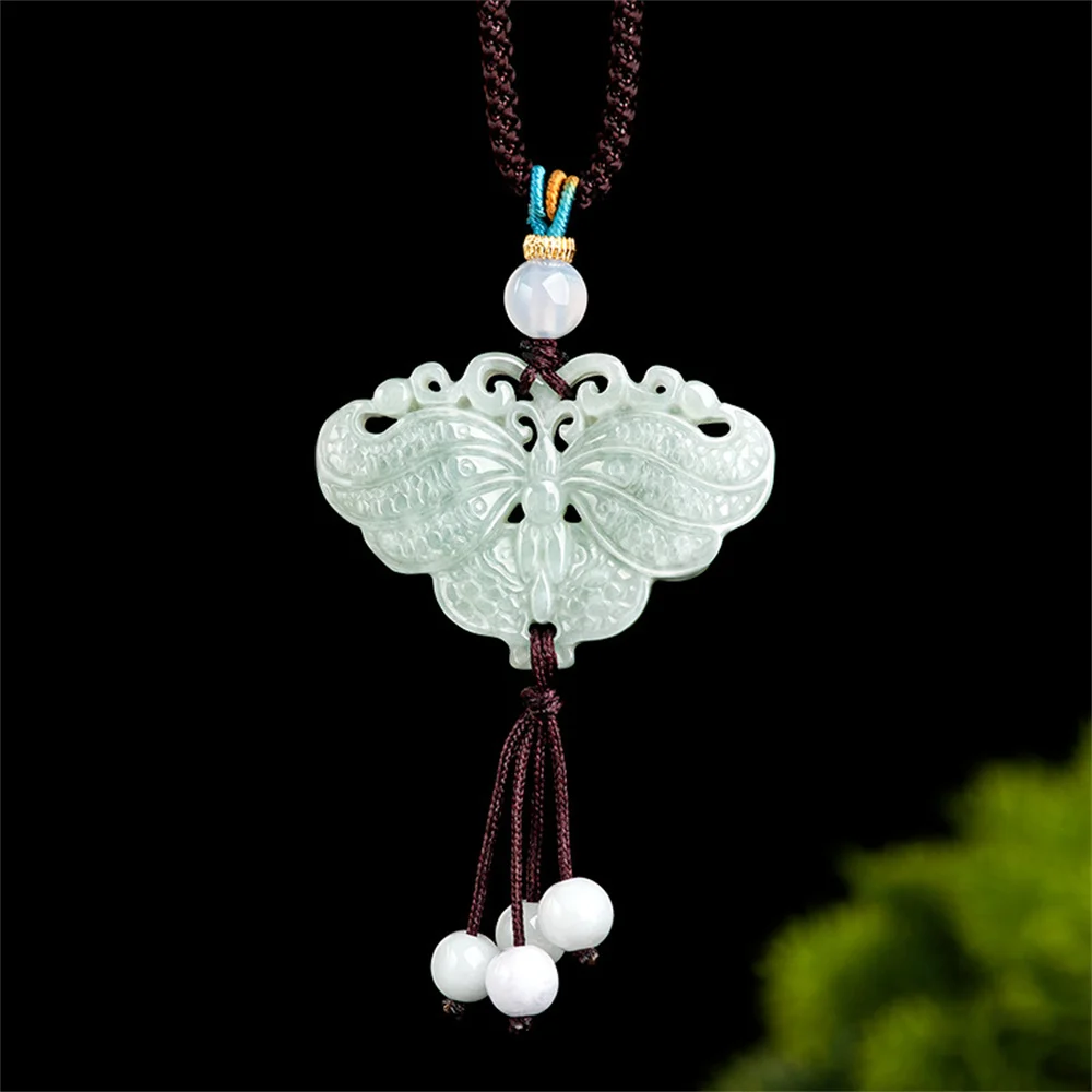 

Natural Green Jadeite Carved Charm Butterfly Dangle Pendant Amulet Necklace Certificate Luxury Jade Vintage Gift Jewelry