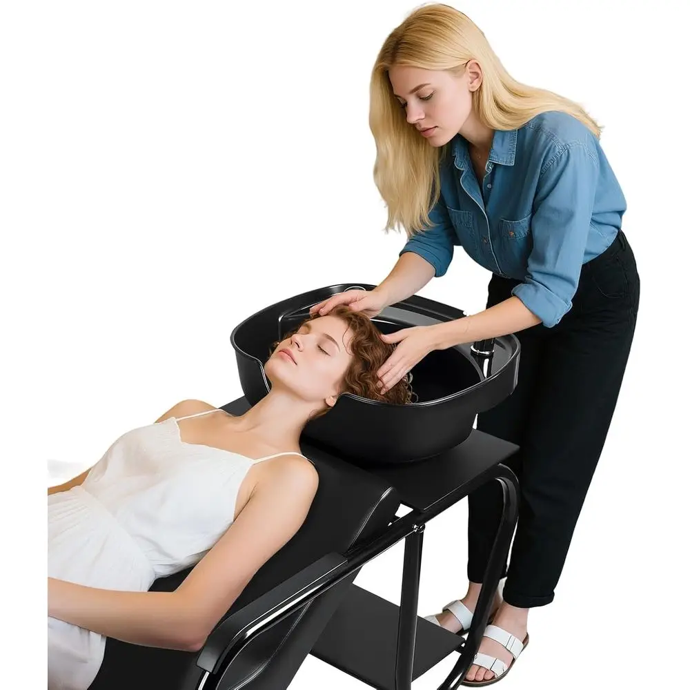 

Комплект: мойка для волос и кресло для салона, станция для мытья головы с отсеком для хранения для салонов красоты, спа-салонов, парикмахерских, черный