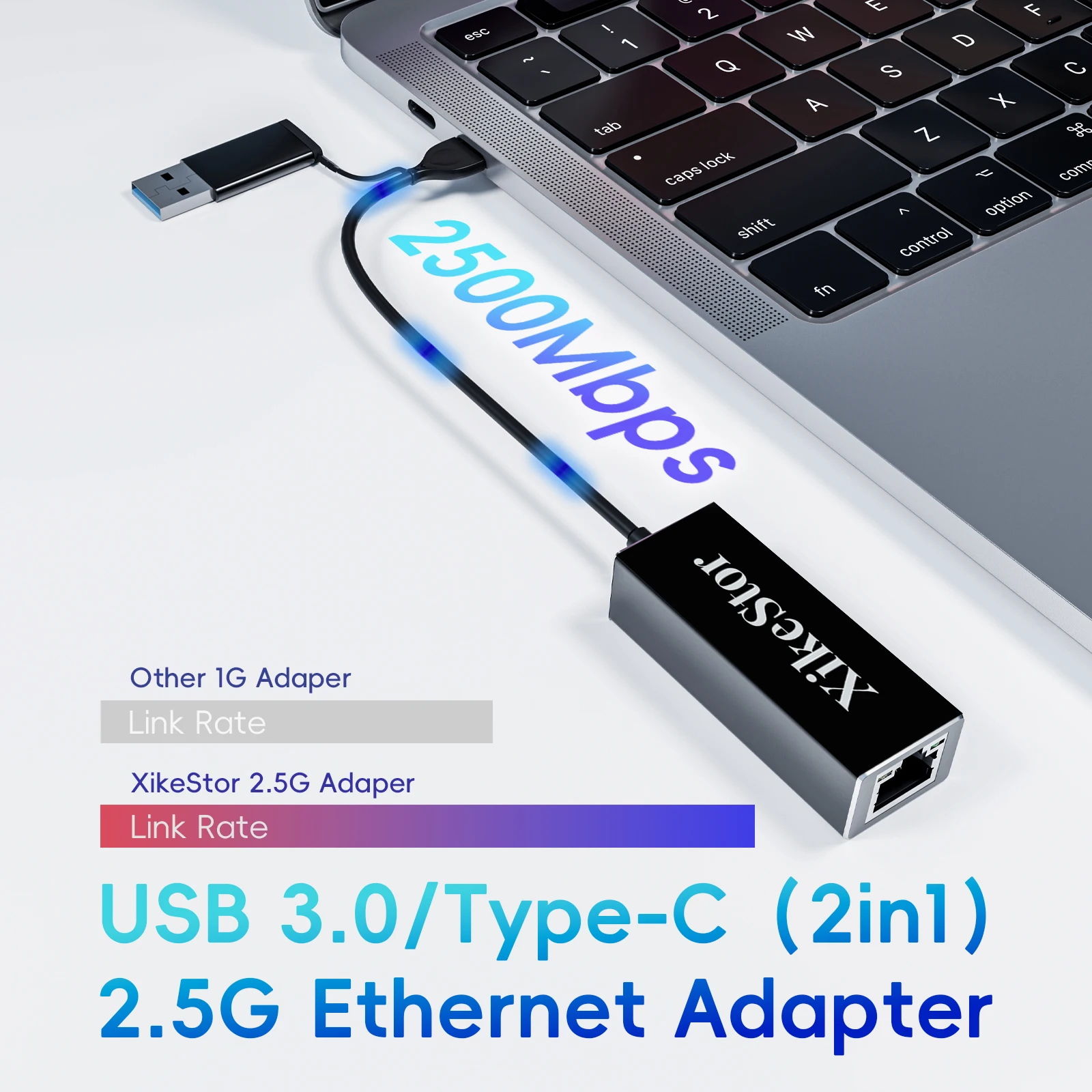 XikeStor 2.5G Network Card USB & Type-C Ethernet Adapter USB C To 2.5G Ethernet Adapter 2500Mbps USB3.0 for PC Laptop