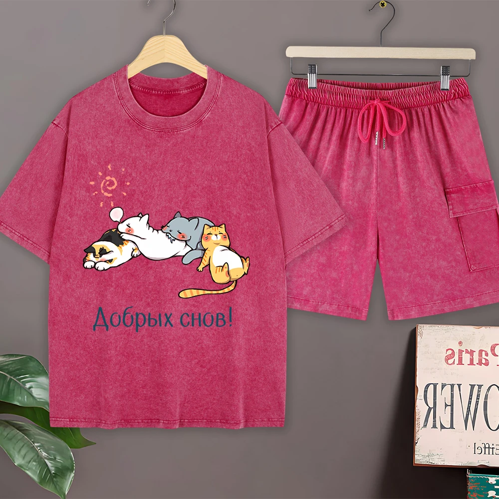

Kawaii Cartoons Cats Graphic Cotton Washed T-Shirt Set Mens Summer Short Sleeve Tops Cargo Shorts O-Neck Oversized T Shirt Pants