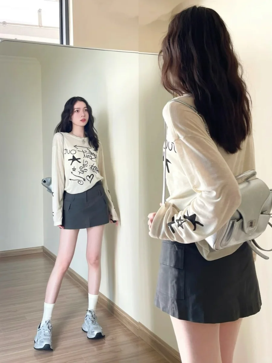 Summer Women's Long Sleeve T-Shirt Ice Silk Draped Thin Casual Print Air Conditioner Covering Top Loose Fit round Neck Tee