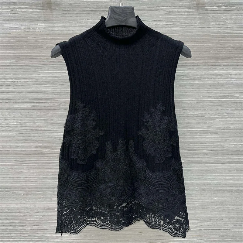 

Women's sweater New elastic knitted slim fit women's vest for summer 2025 Lace patchwork high neck sleeveless top y2k Tank top