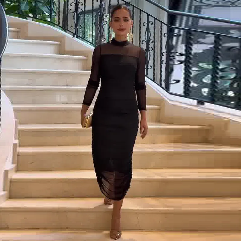 

Женское трикотажное платье миди с длинным рукавом и круглым вырезом, облегающее, из хлопка и полиэстера, для трансграничной торговли