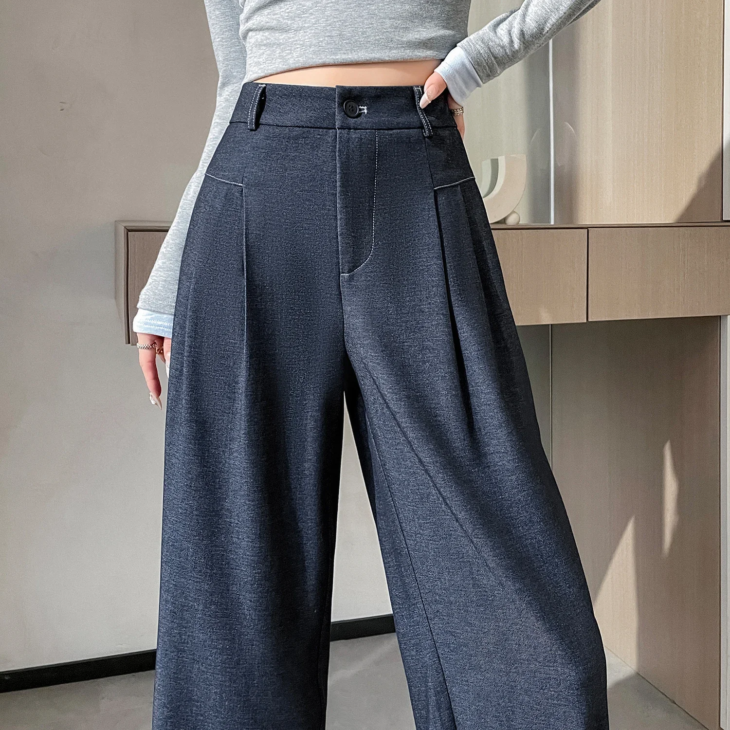 

2025 New Spring Summer Vintage Women's Wide Leg Pants High Waist Casual Loose Black Straight Full Length Trousers for Womens