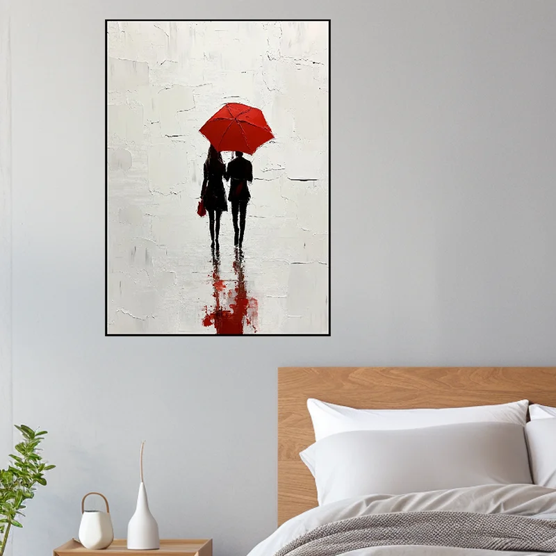 Advanced Atmosphere, Pure Hand Drawn White Characters Strolling In The Rain, Back View, Large-Sized Home Decoration Wall Art