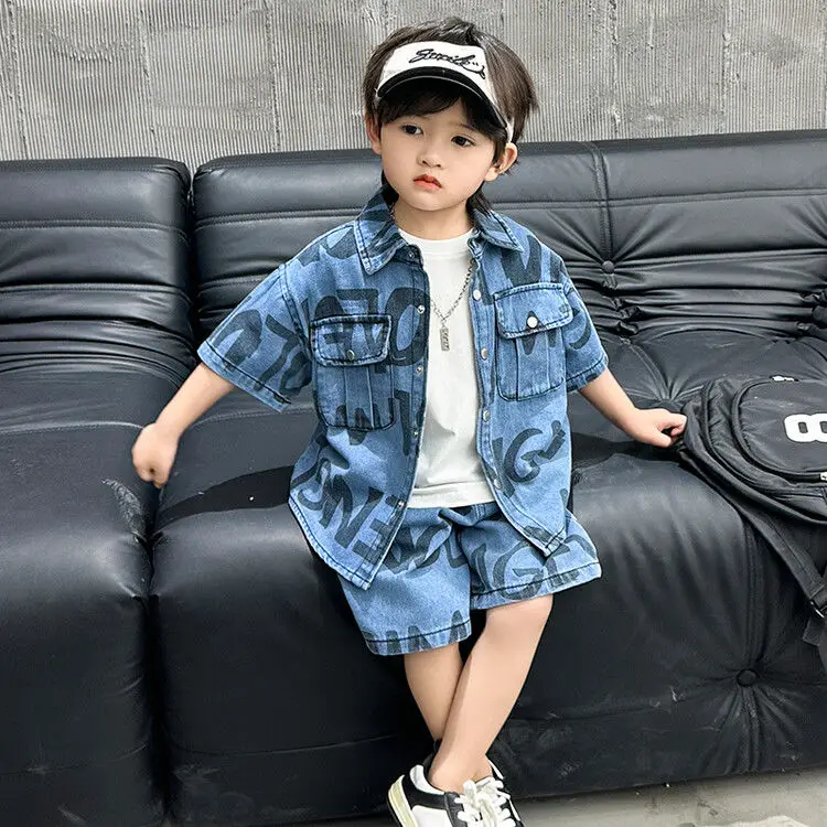 

Boys Summer Denim Set 2024 New Childrens Summer Fashionable and Handsome Trendy Boys Summer Handsome Two Piece Set