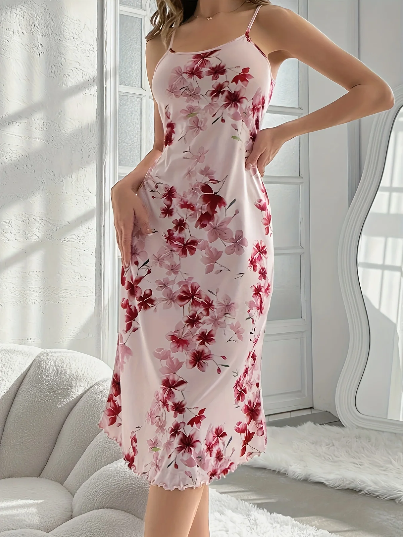 Summer ladies new hot selling flowers printed pure desire wind pink fungus edge in a long milk silk sling nightdress can be worn